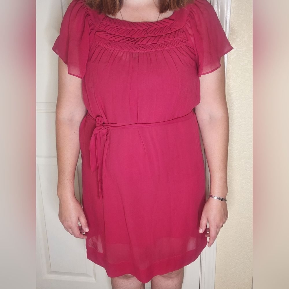 Banana Republic M Pink Shrtslv Belt Waist 100% SILK Lined Women Kneelength Dress